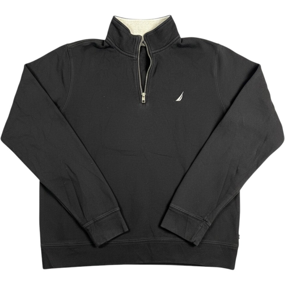 Vintage NAUTICA Mens XL Black Quarter Zip Pullover Sweatshirt Embroidered Sail